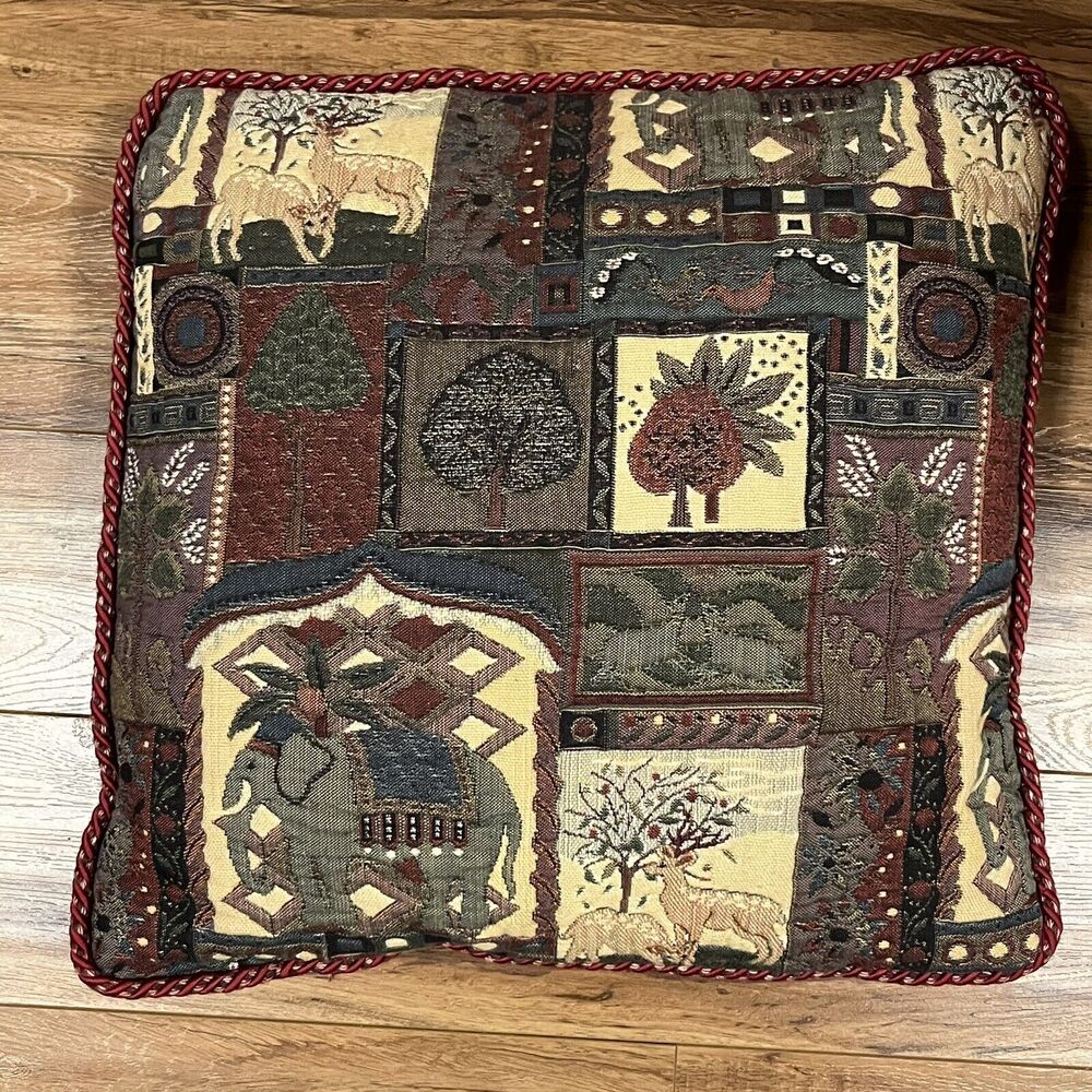 Vintage Dakotah Tapestry Quilted Pillow Deer Elephant Trees Indian 16"